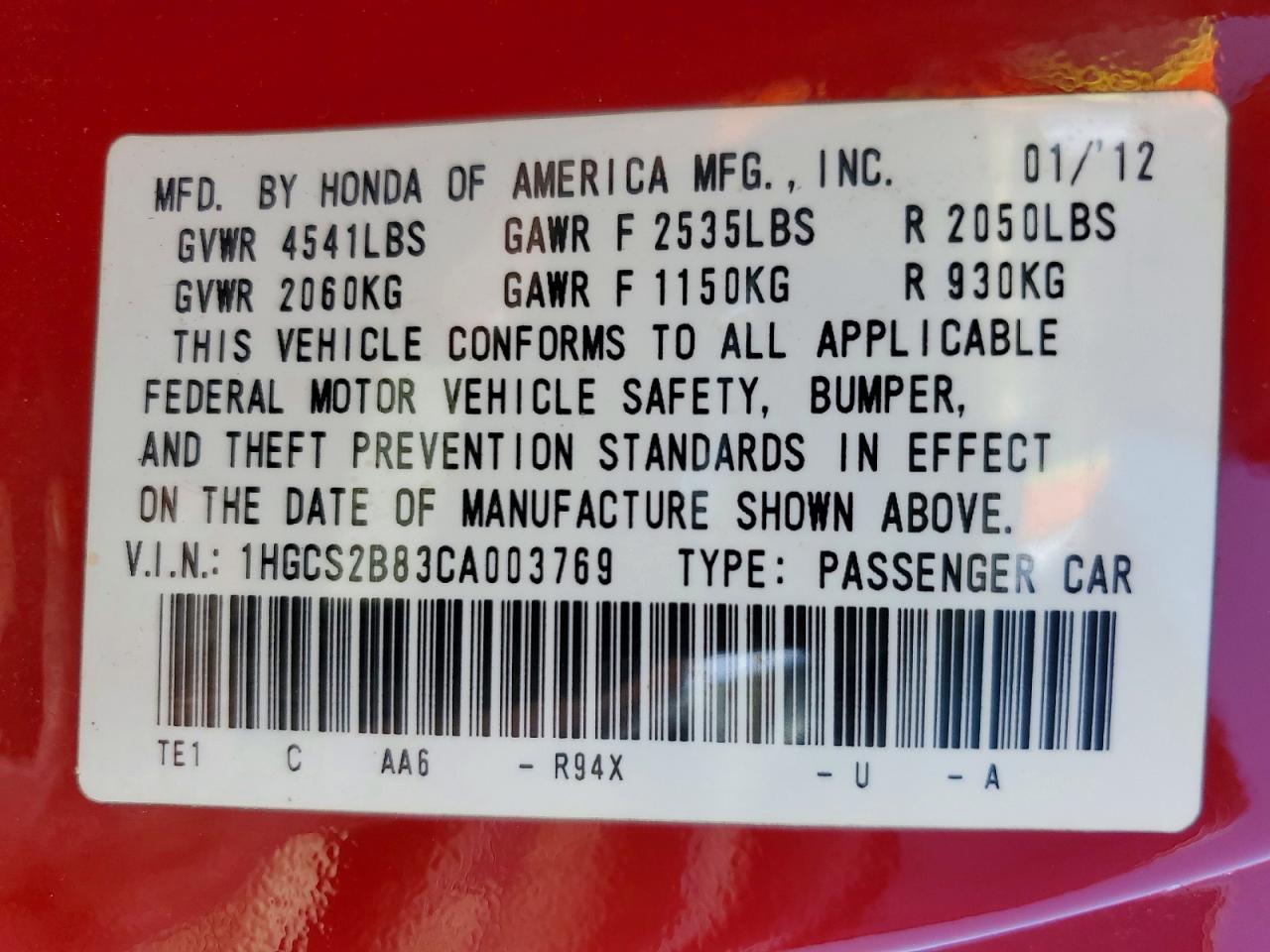 2012 HONDA ACCORD