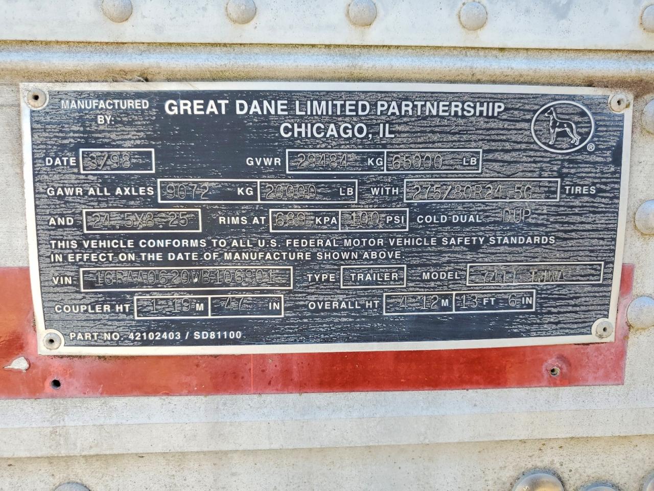1998 GREAT DANE TRAILER DRY VAN