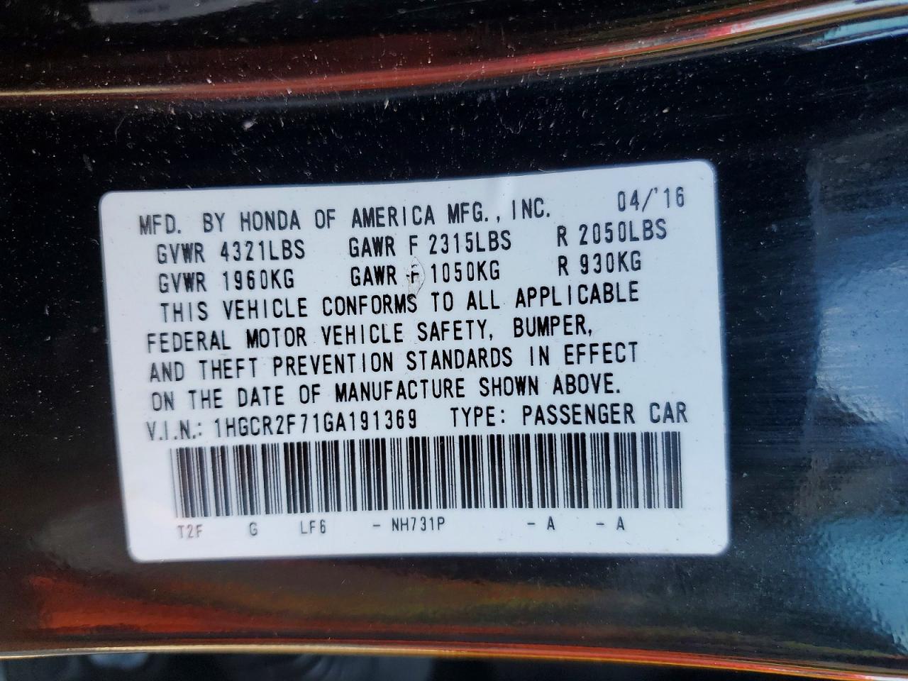 2016 HONDA ACCORD