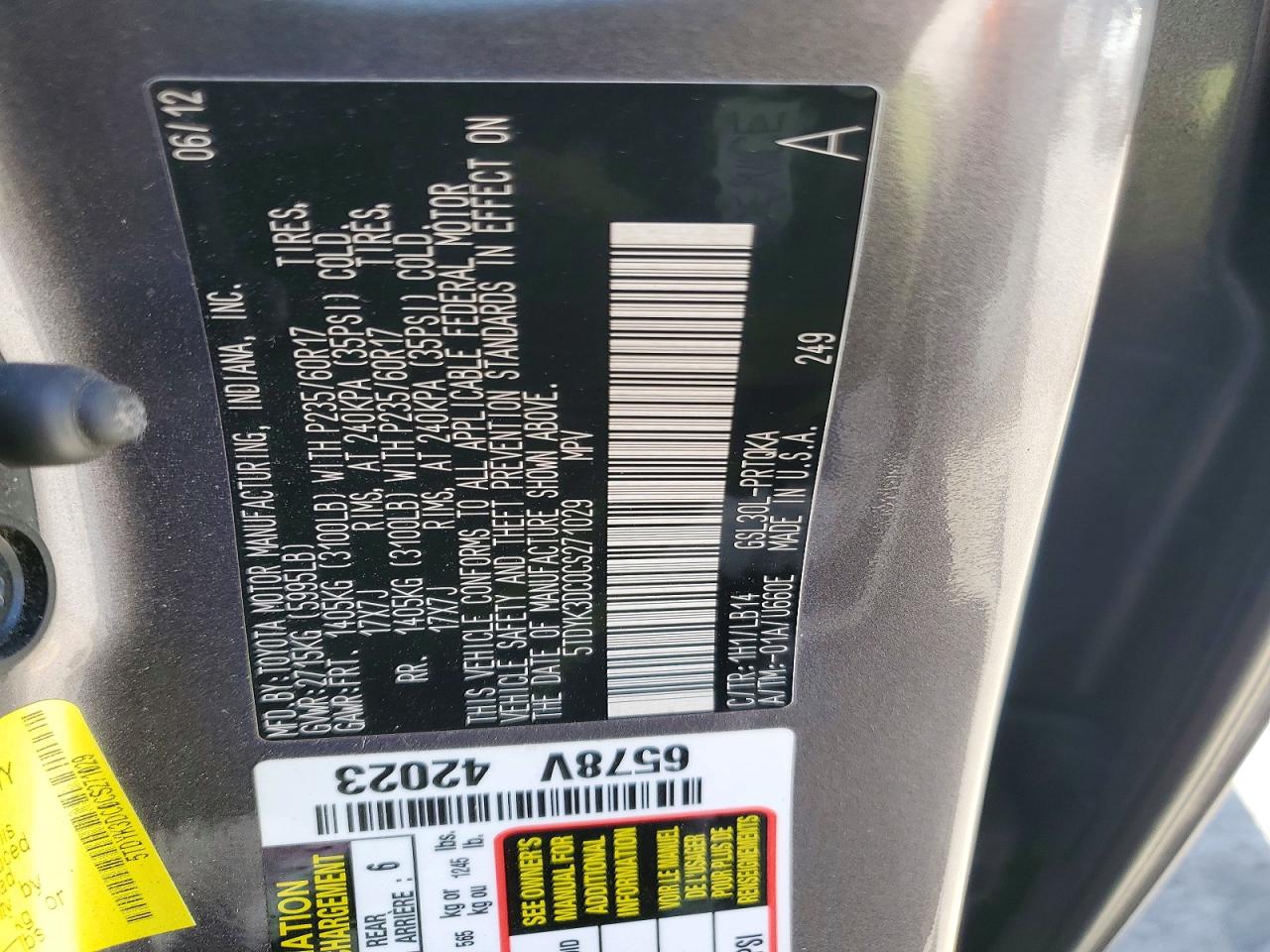2012 TOYOTA SIENNA