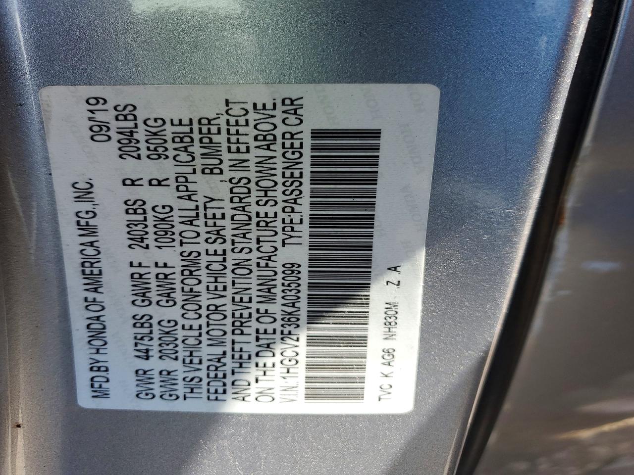2019 HONDA ACCORD