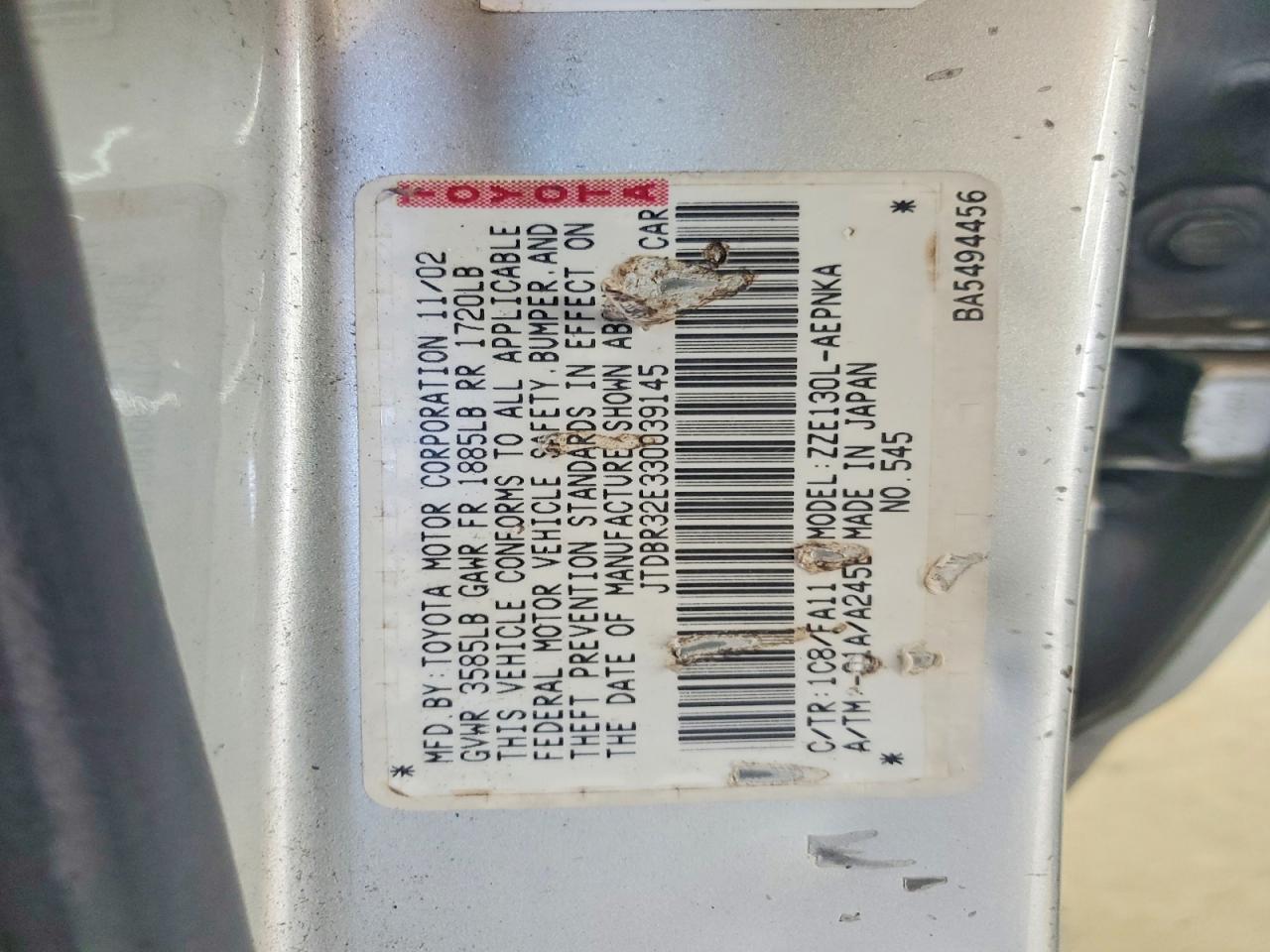 2003 TOYOTA COROLLA
