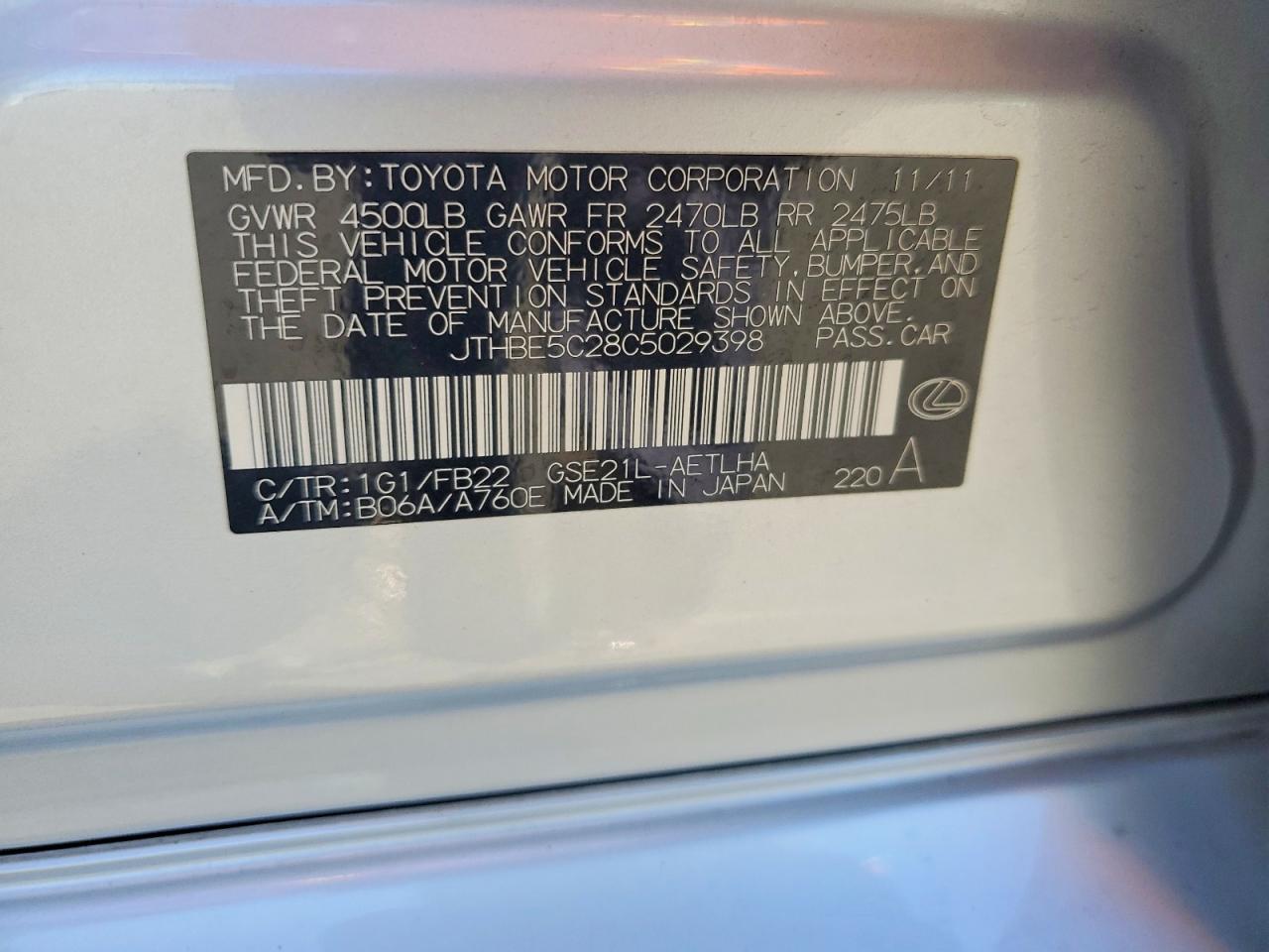 2012 LEXUS IS