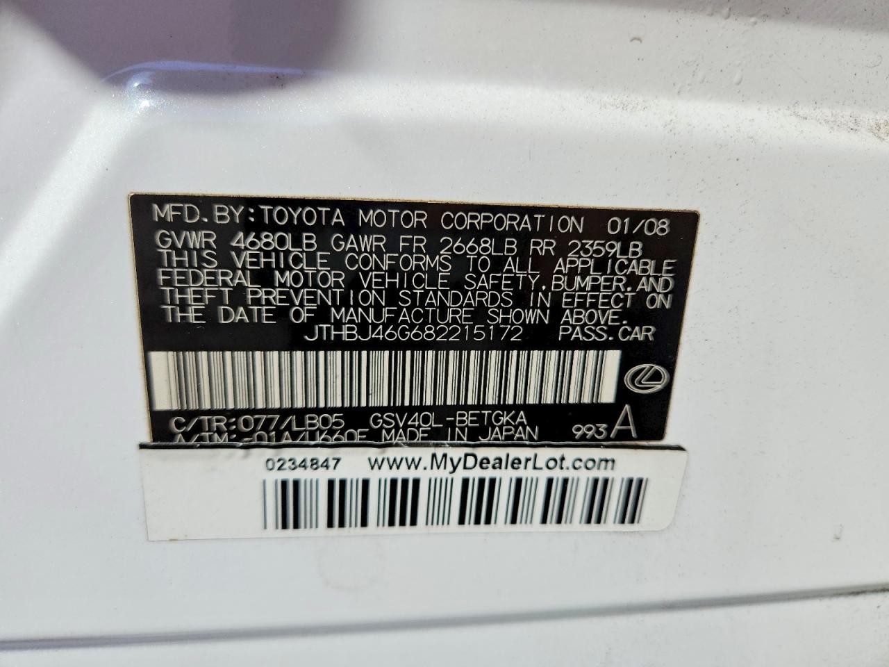 2008 LEXUS ES350
