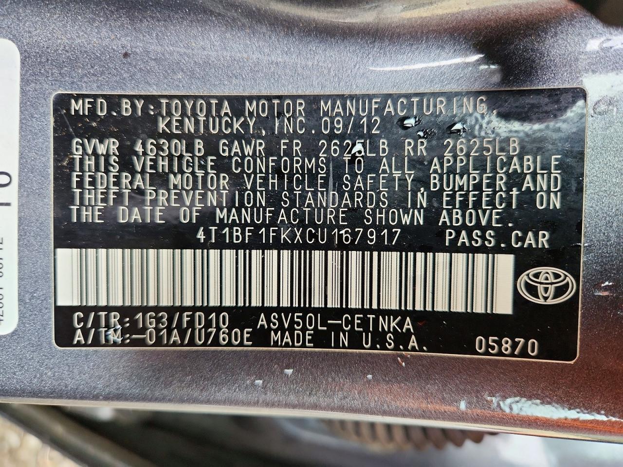 2012 TOYOTA CAMRY