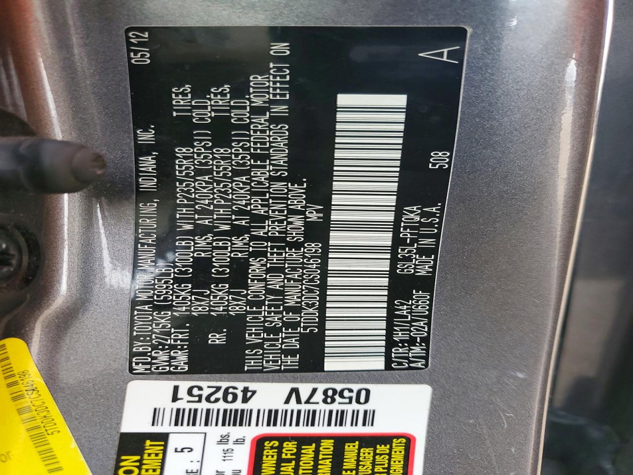 2012 TOYOTA SIENNA