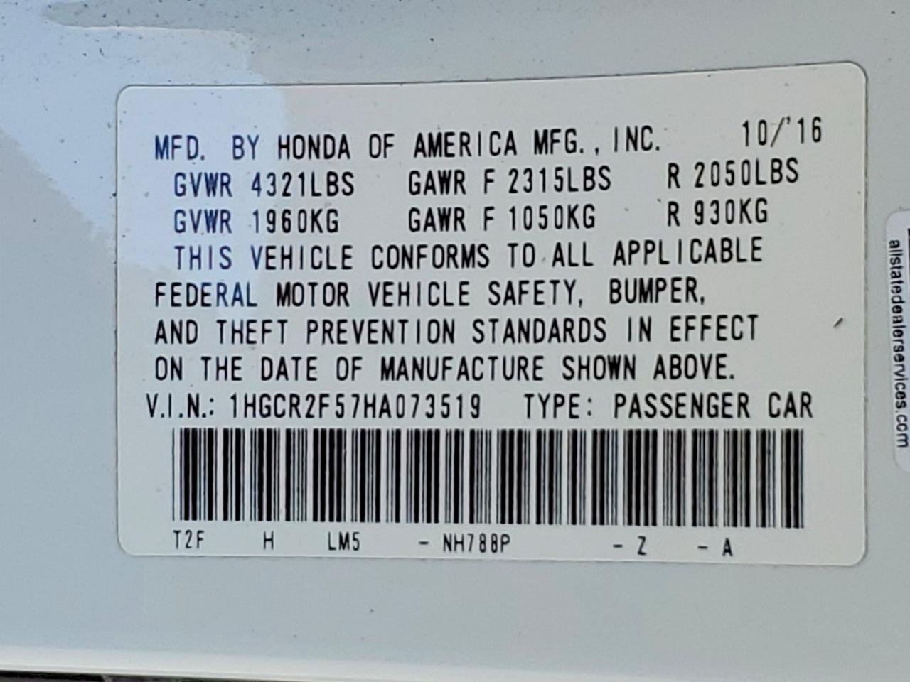 2017 HONDA ACCORD