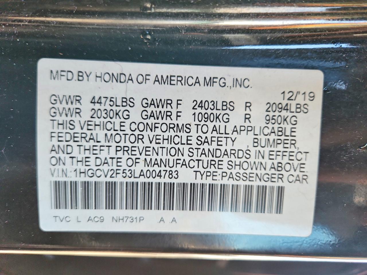 2020 HONDA ACCORD