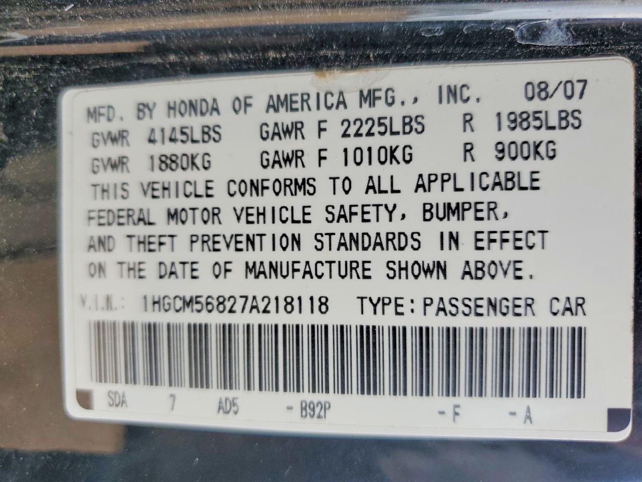 2007 HONDA ACCORD