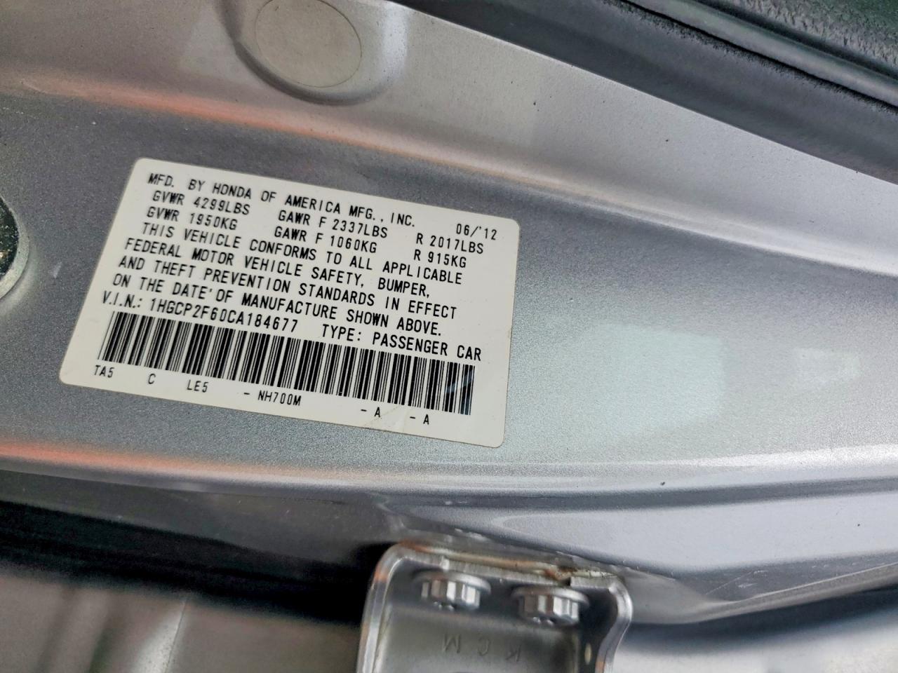 2012 HONDA ACCORD