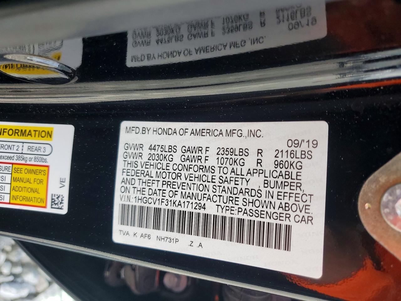 2019 HONDA ACCORD