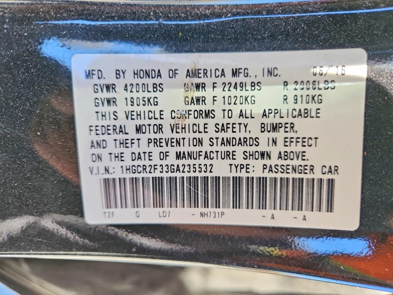 2016 HONDA ACCORD