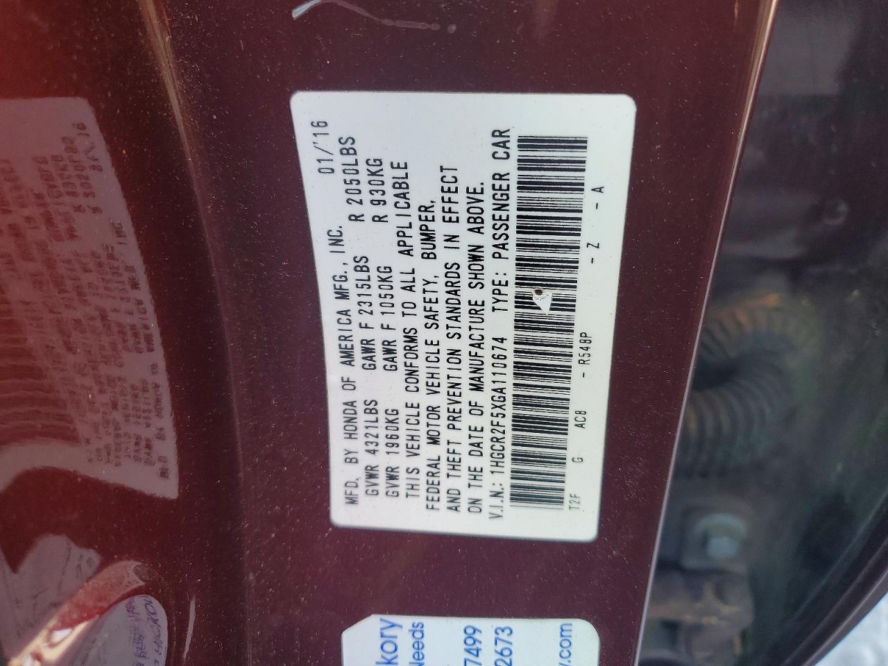 2016 HONDA ACCORD