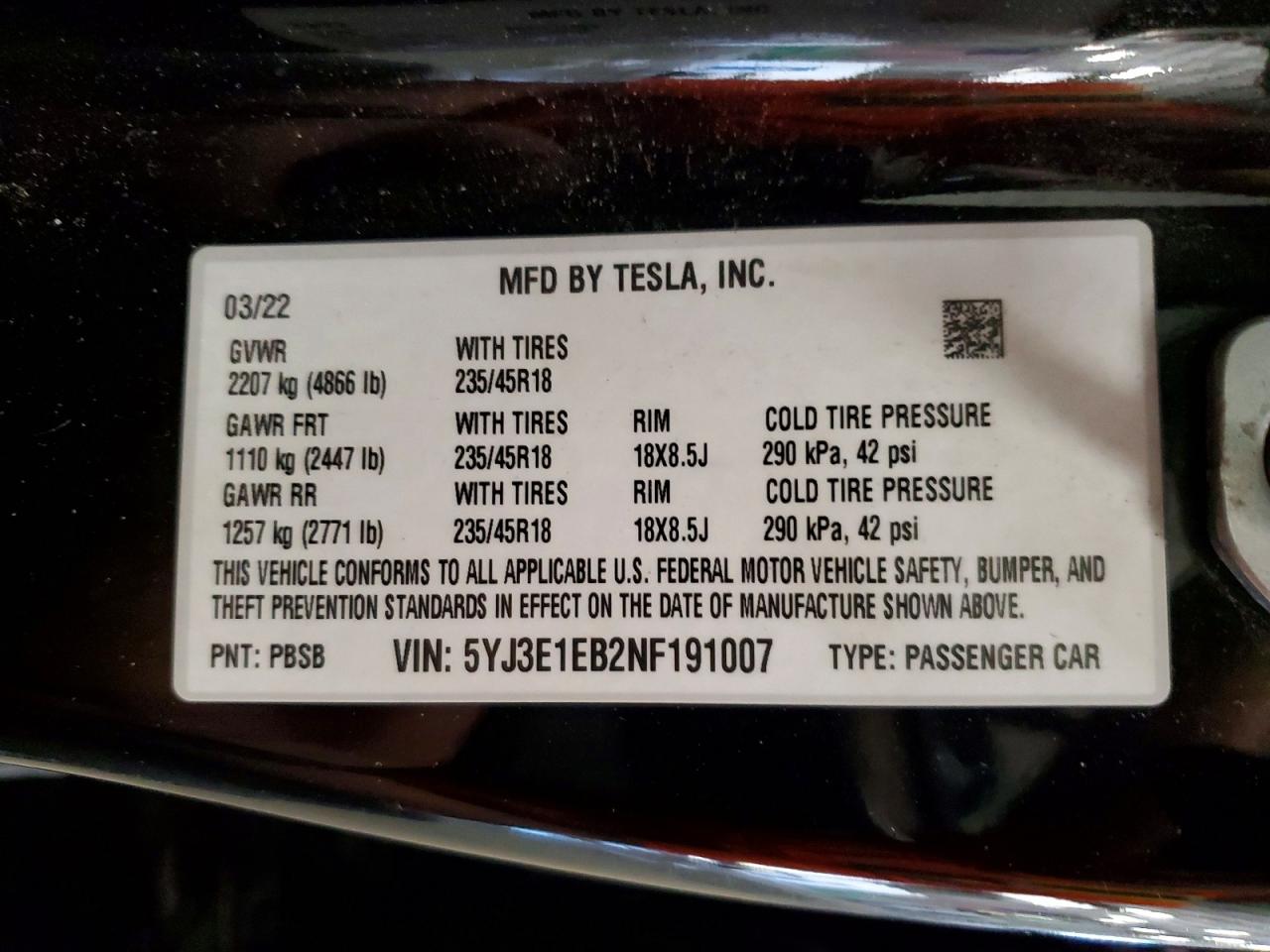 2022 TESLA MODEL 3