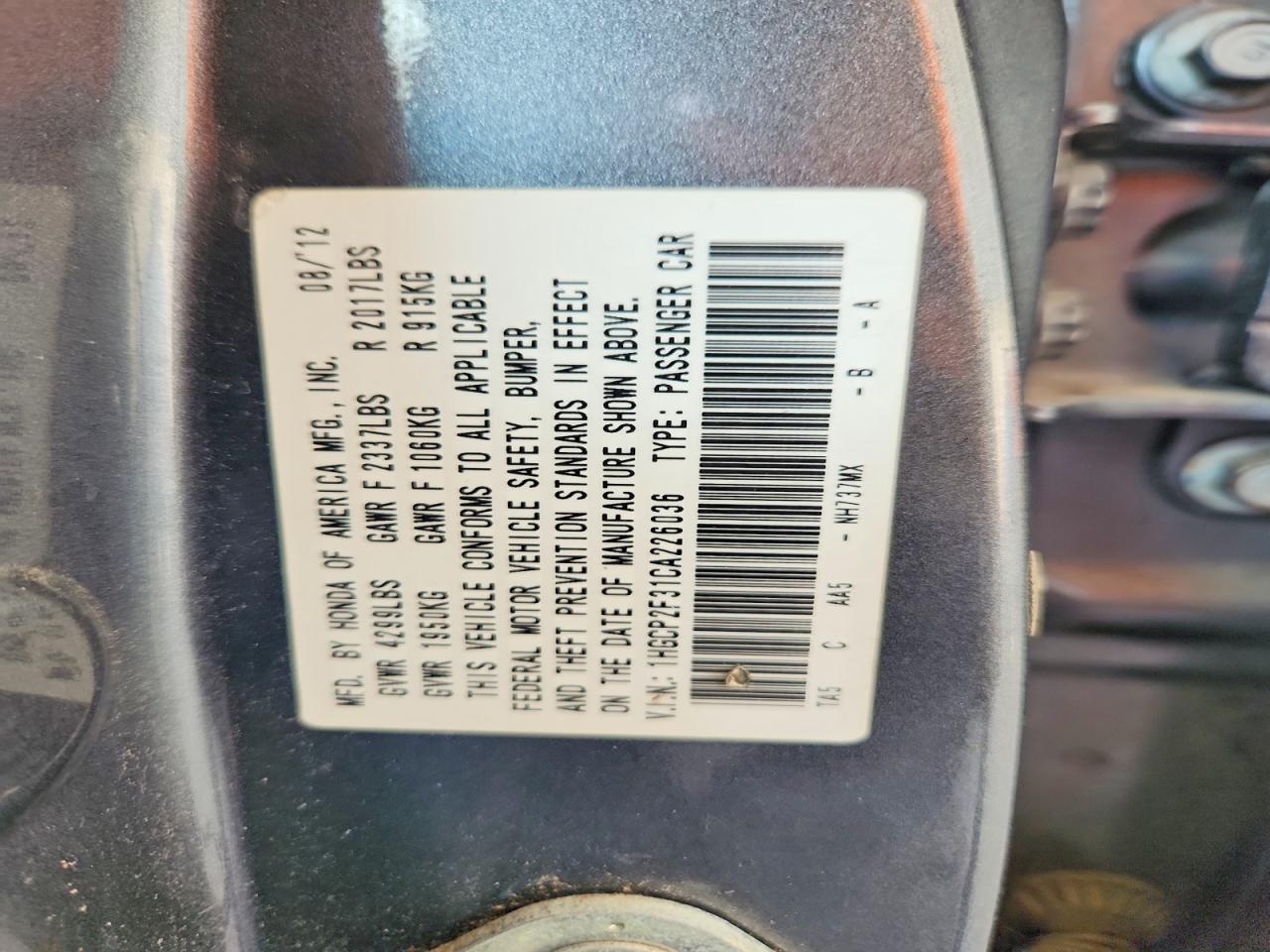 2012 HONDA ACCORD