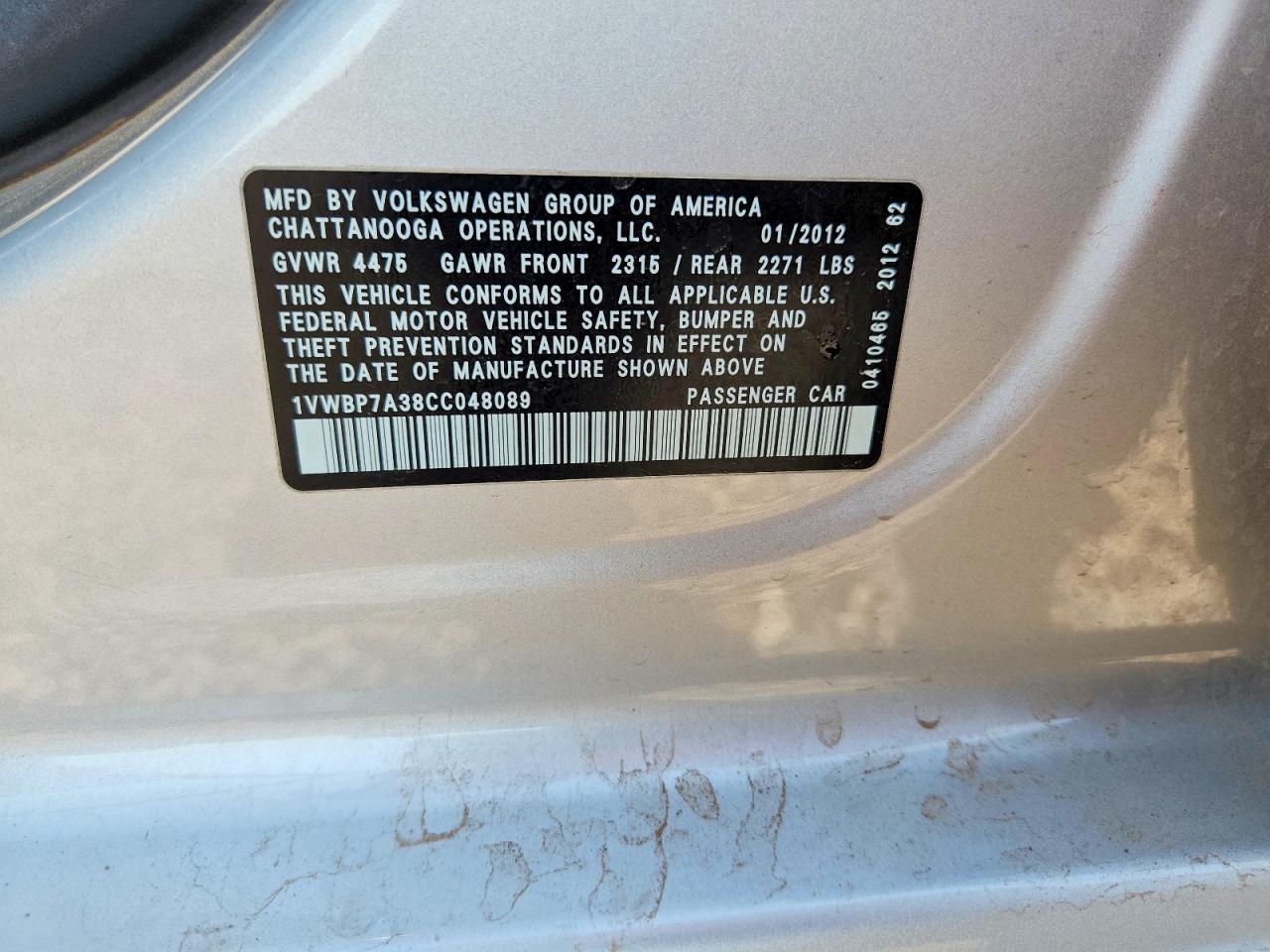 2012 VOLKSWAGEN PASSAT