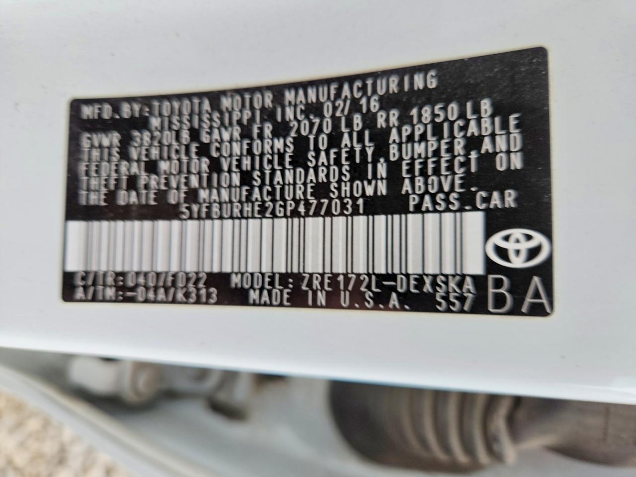 2016 TOYOTA COROLLA