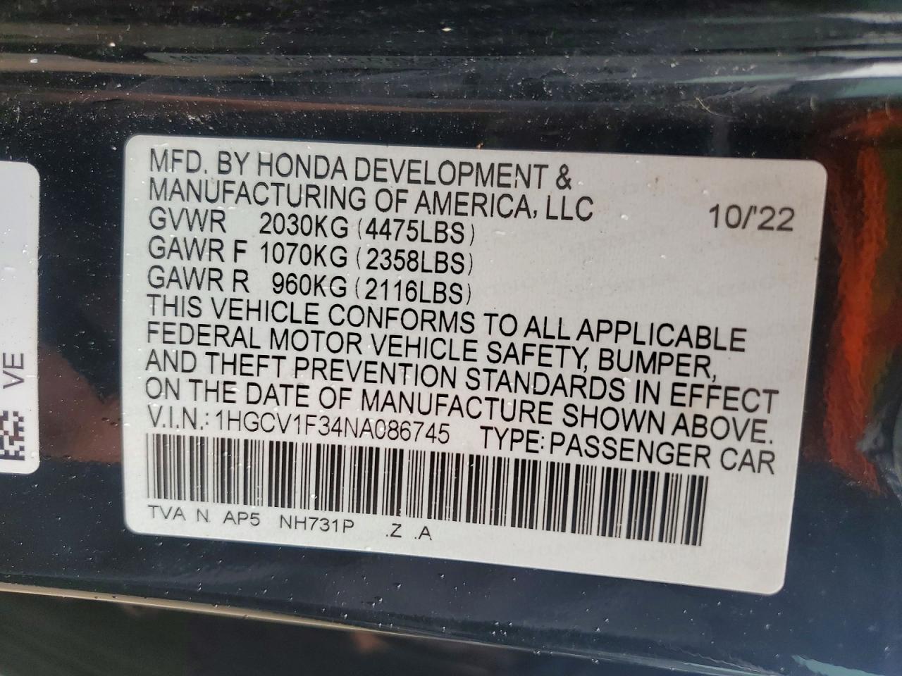 2022 HONDA ACCORD