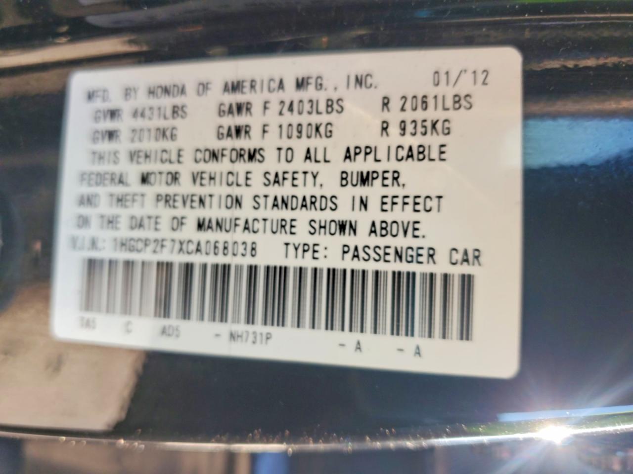2012 HONDA ACCORD
