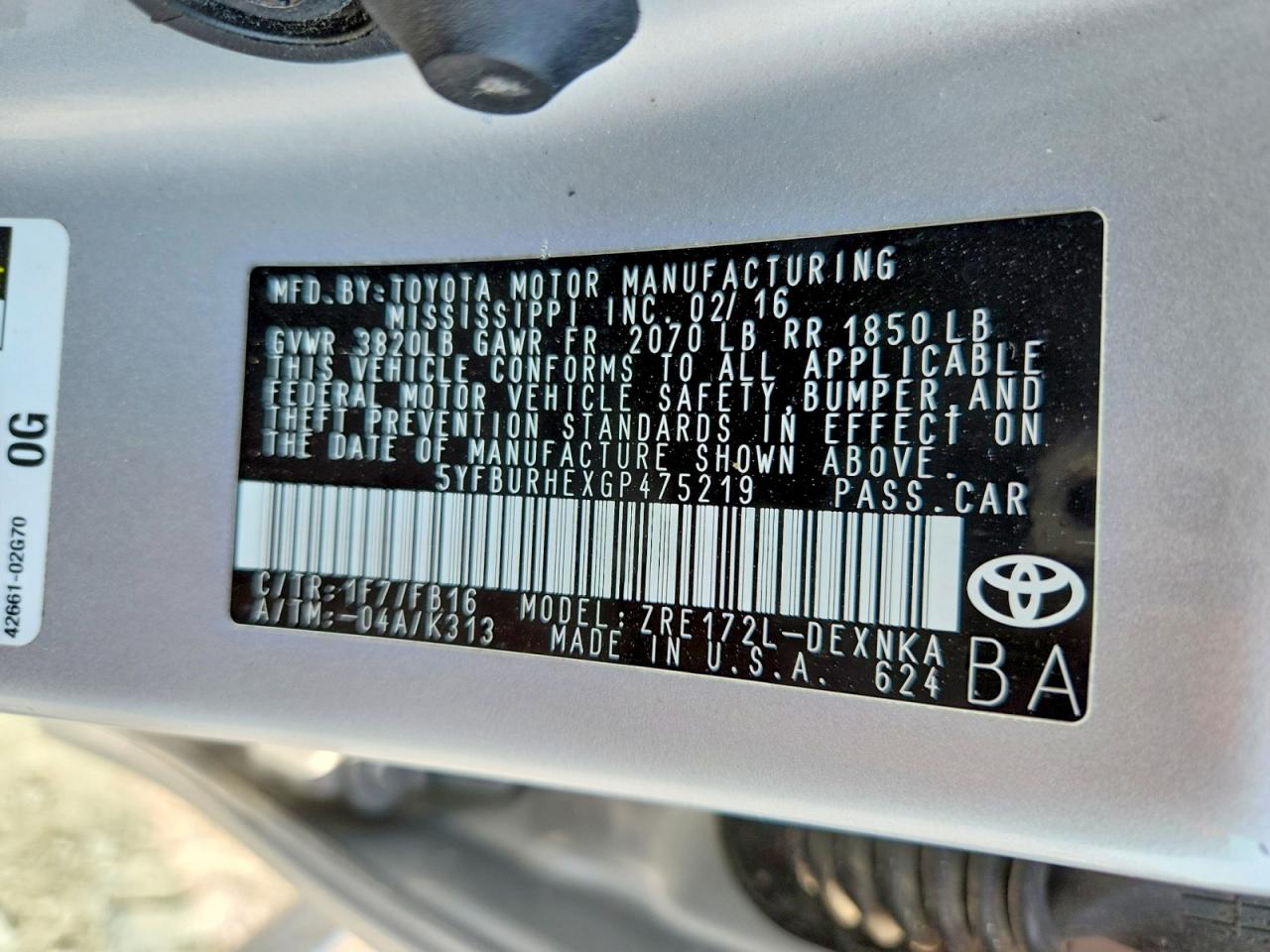 2016 TOYOTA COROLLA
