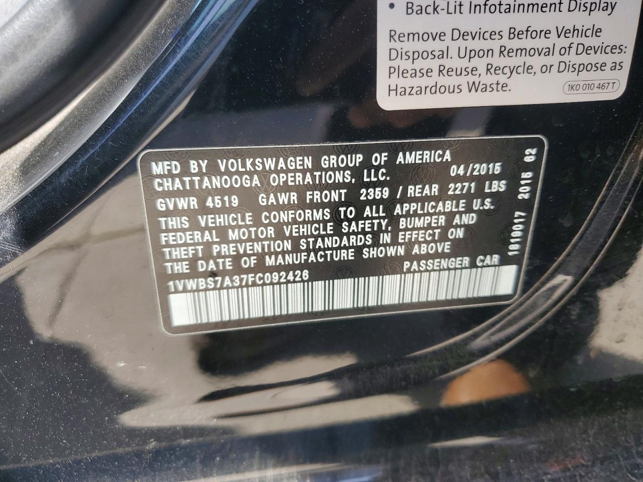 2015 VOLKSWAGEN PASSAT