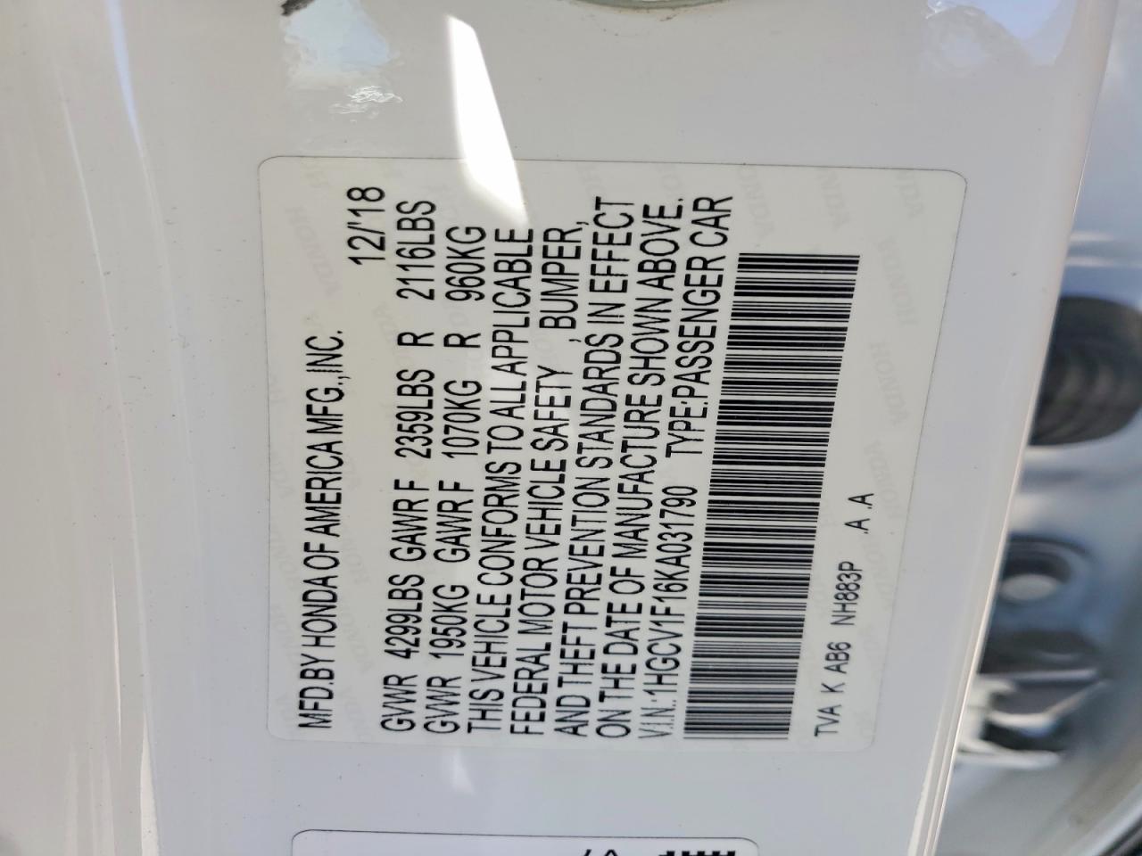 2019 HONDA ACCORD