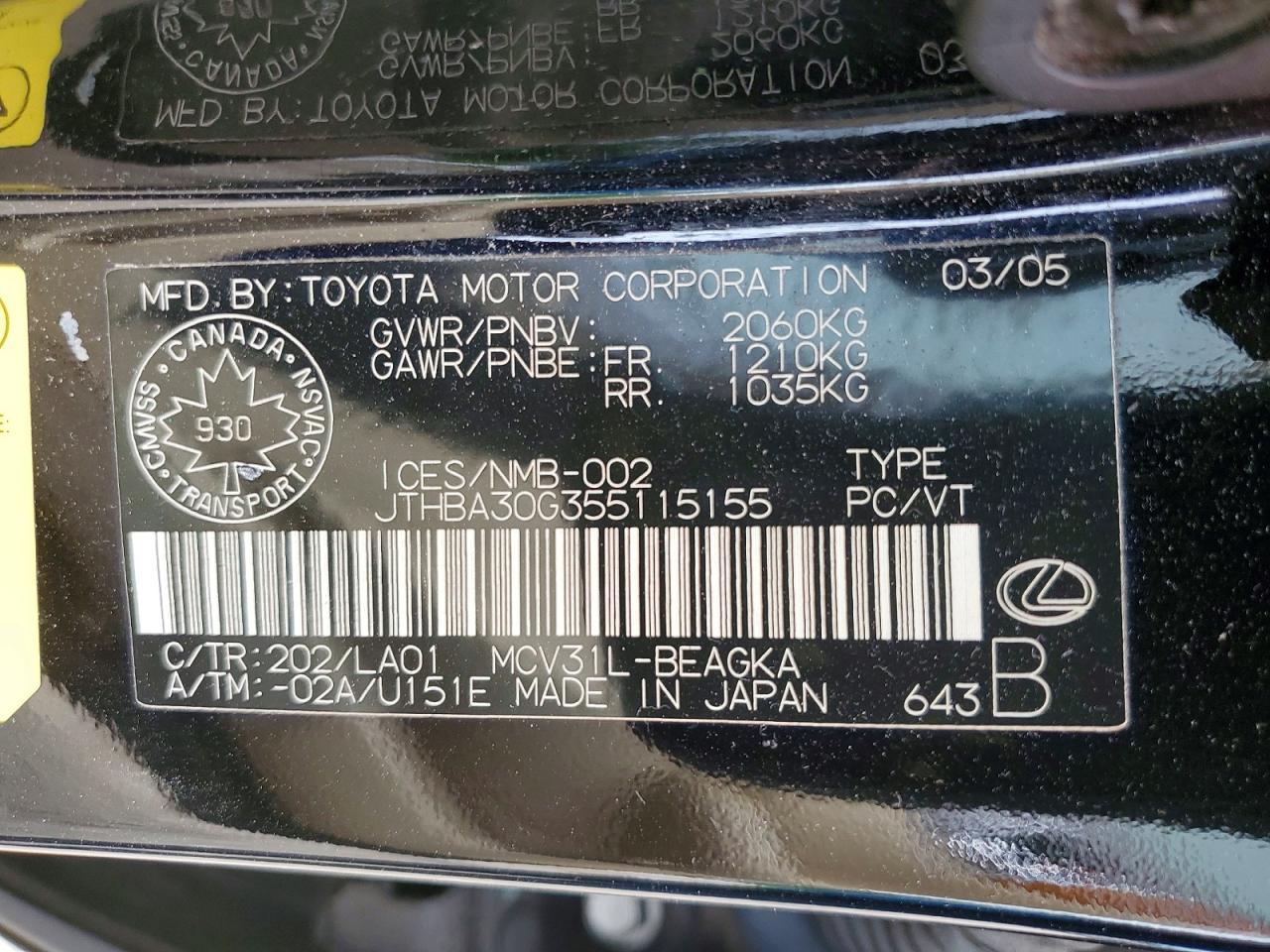 2005 LEXUS ES330