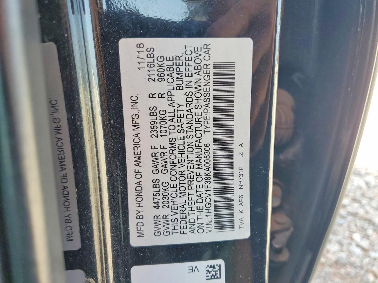 2019 HONDA ACCORD