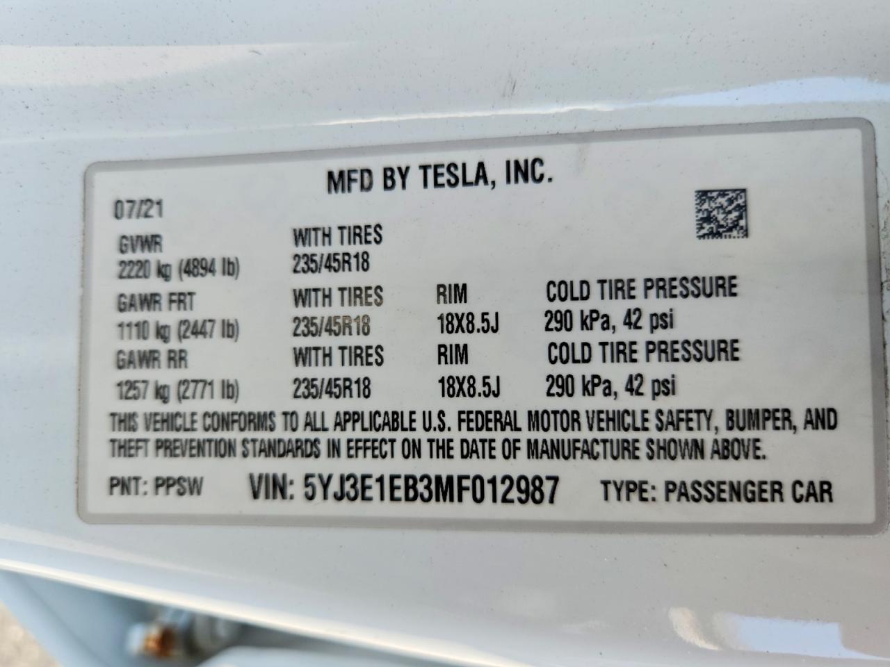 2021 TESLA MODEL 3