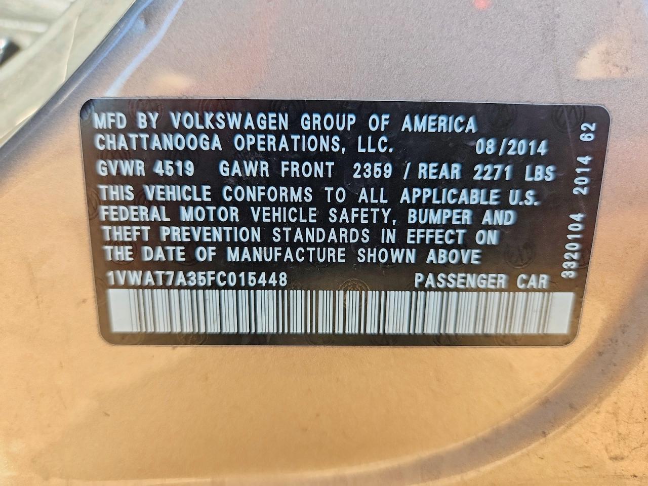 2015 VOLKSWAGEN PASSAT