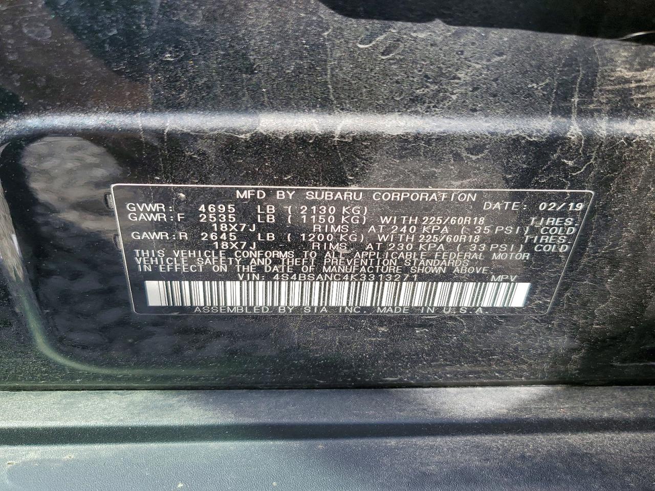 2019 SUBARU OUTBACK