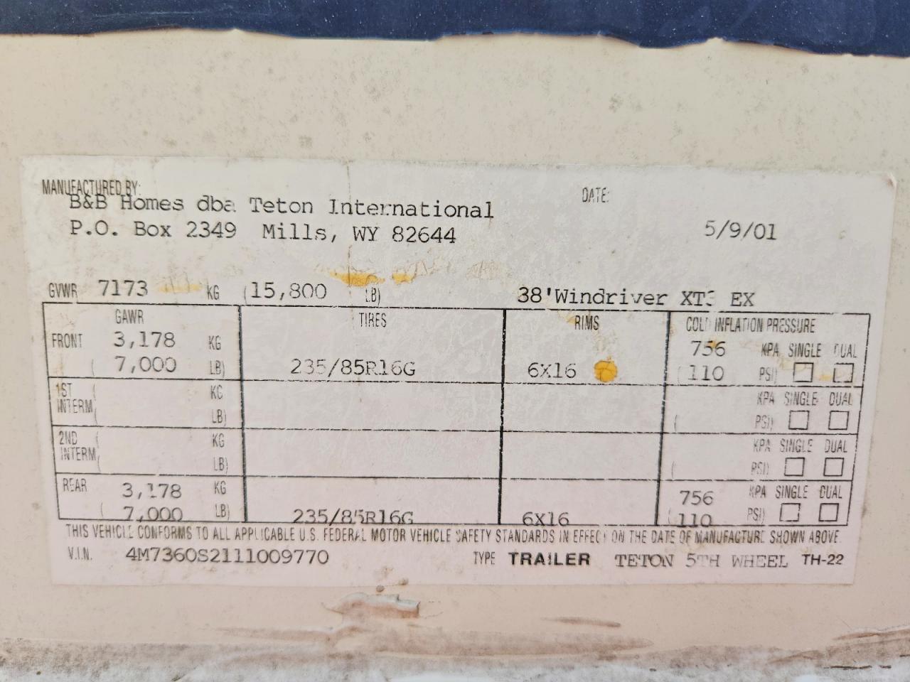 2001 TETONHOMES UNKNOWN