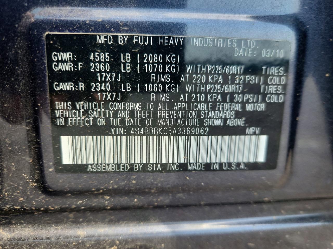 2010 SUBARU OUTBACK MA
