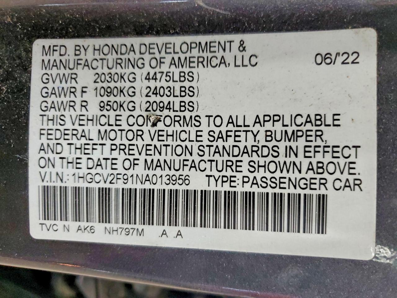 2022 HONDA ACCORD
