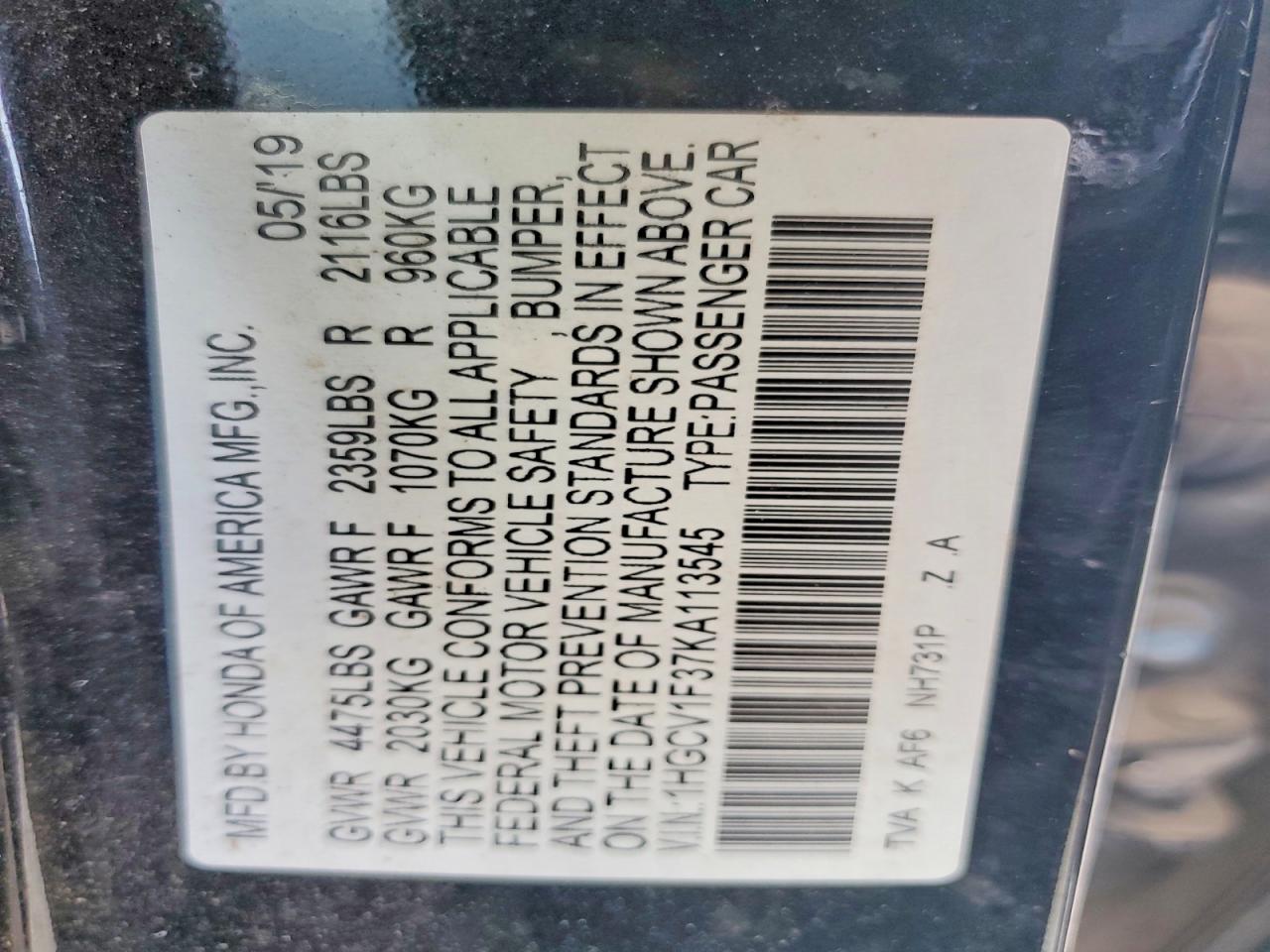 2019 HONDA ACCORD