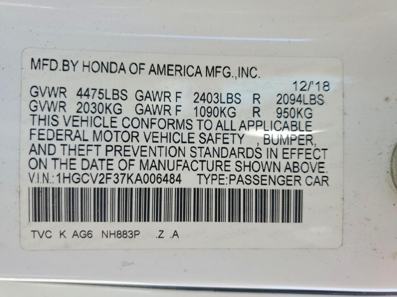 2019 HONDA ACCORD