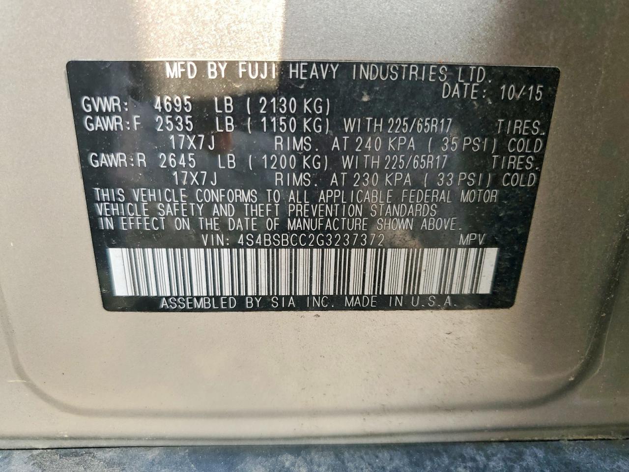 2016 SUBARU OUTBACK