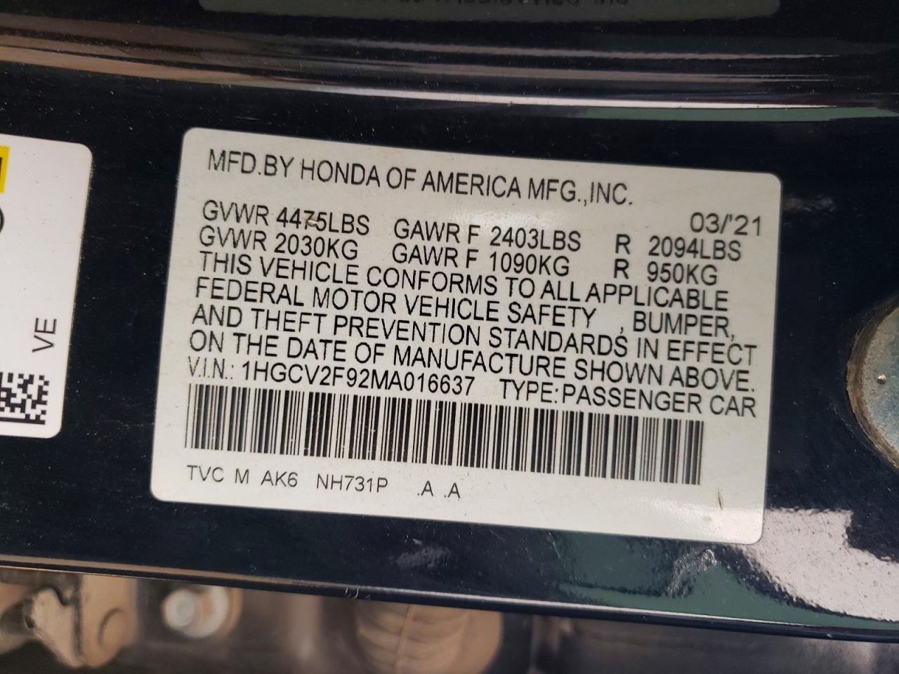 2021 HONDA ACCORD