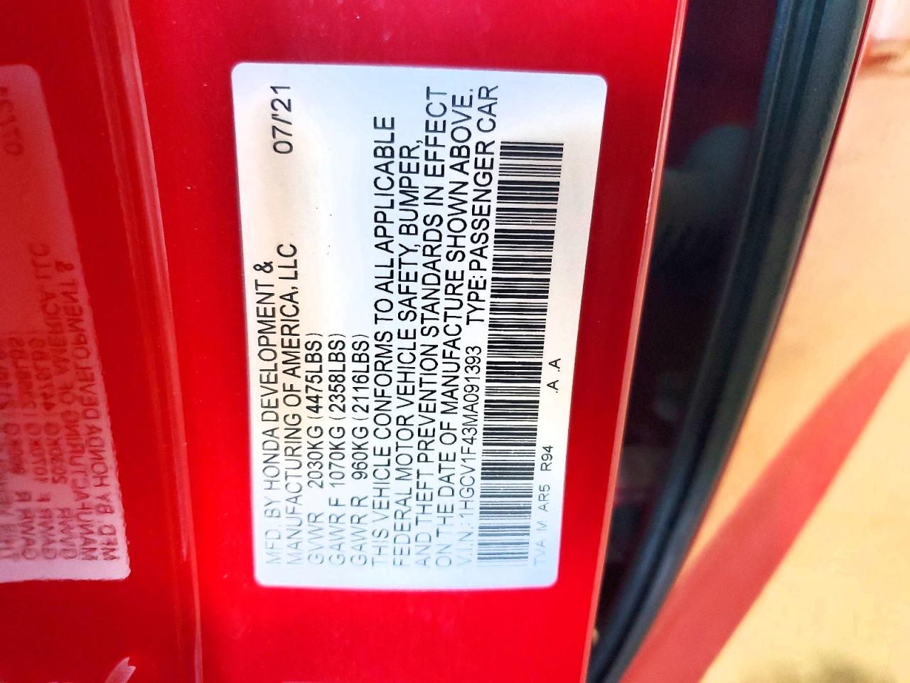2021 HONDA ACCORD