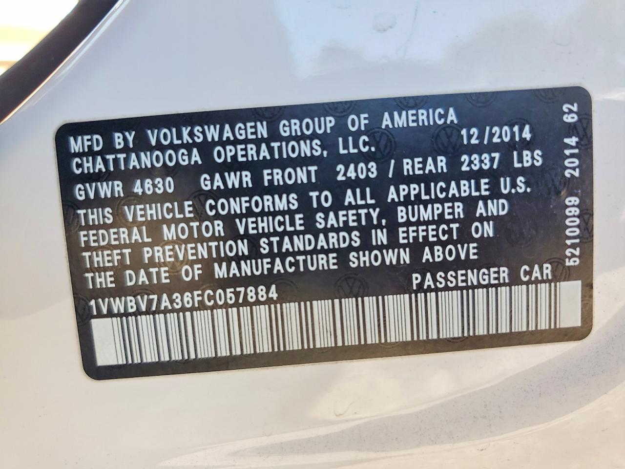2015 VOLKSWAGEN PASSAT