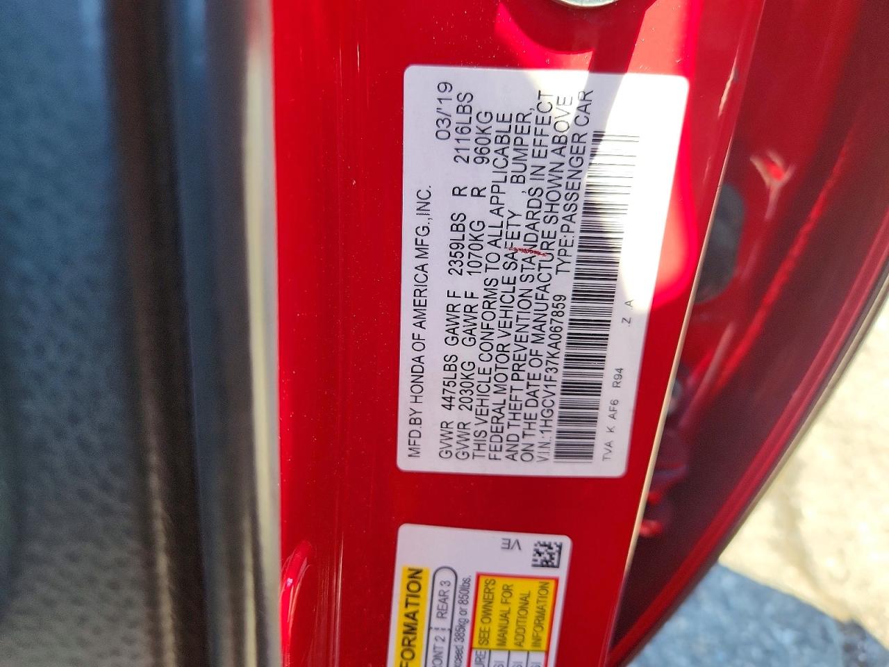 2019 HONDA ACCORD