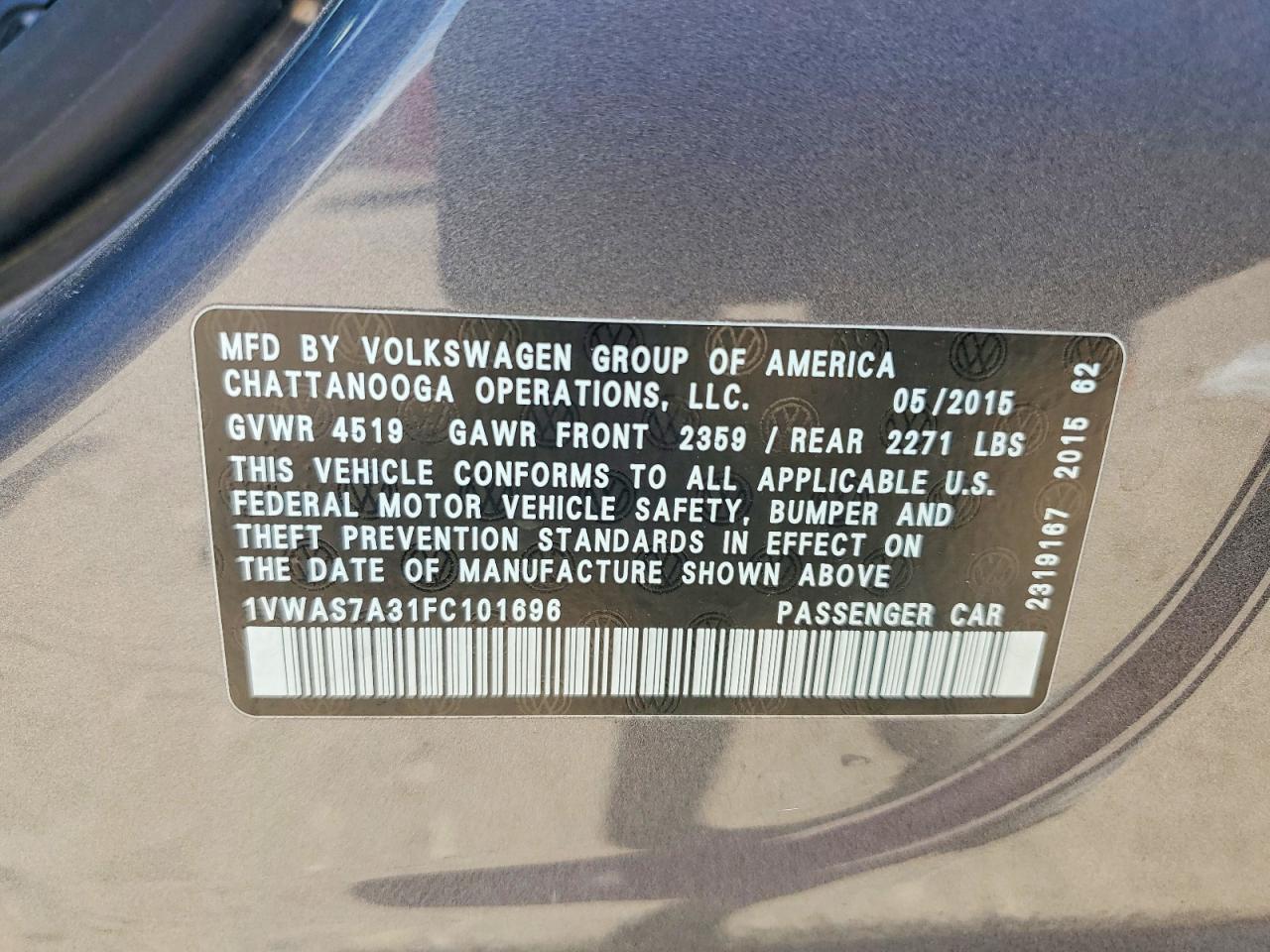 2015 VOLKSWAGEN PASSAT