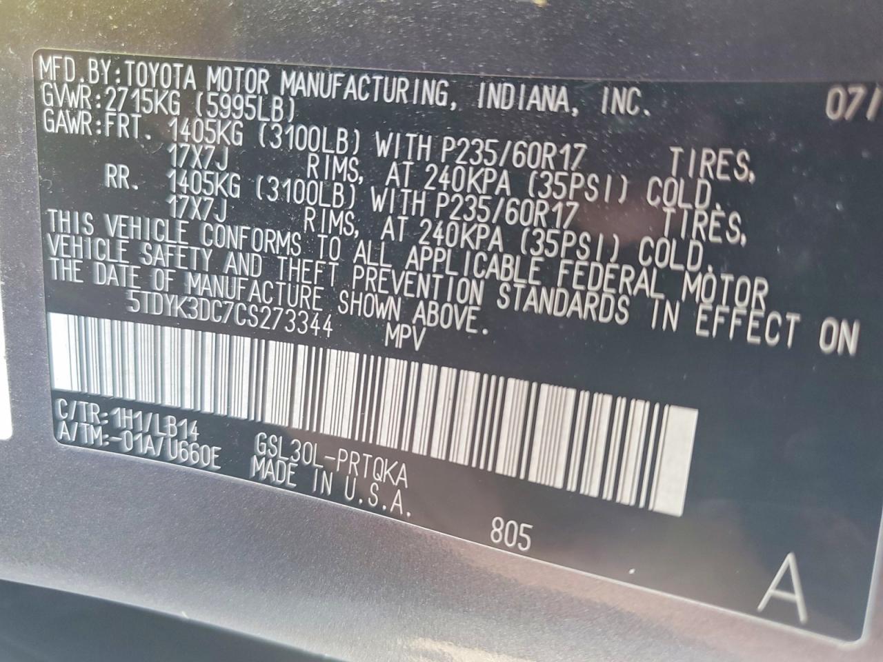 2012 TOYOTA SIENNA