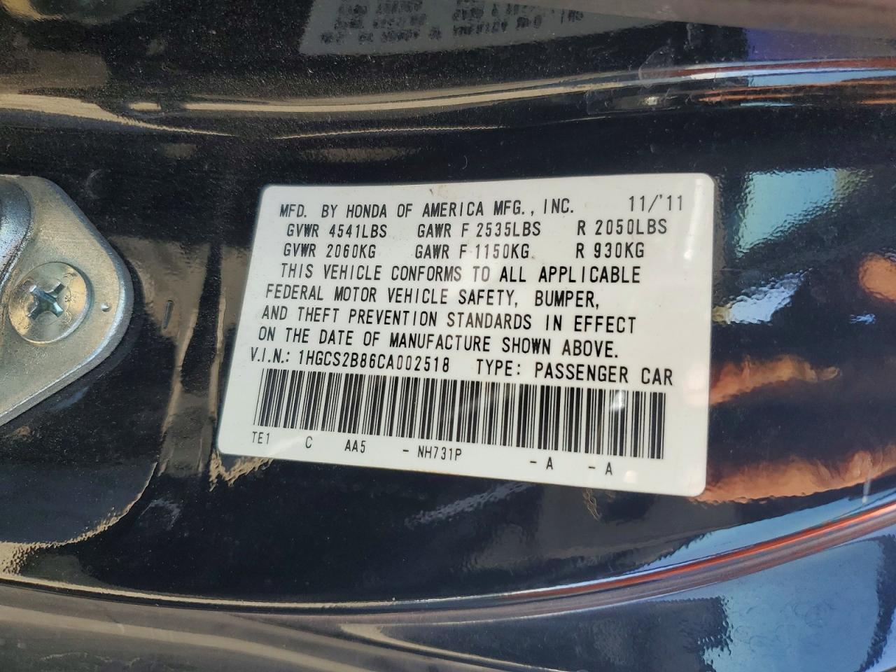 2012 HONDA ACCORD