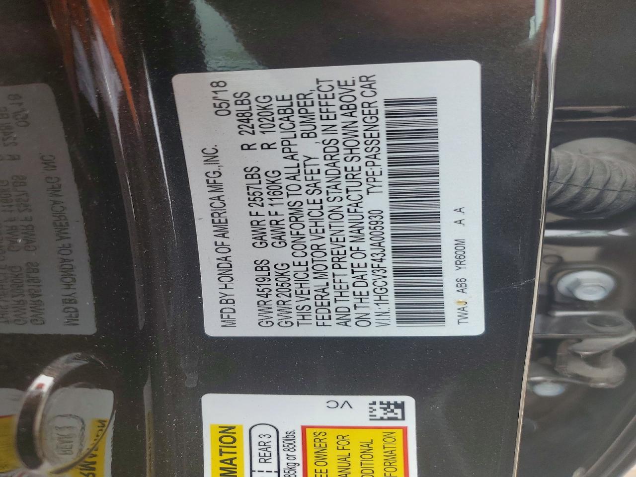 2018 HONDA ACCORD