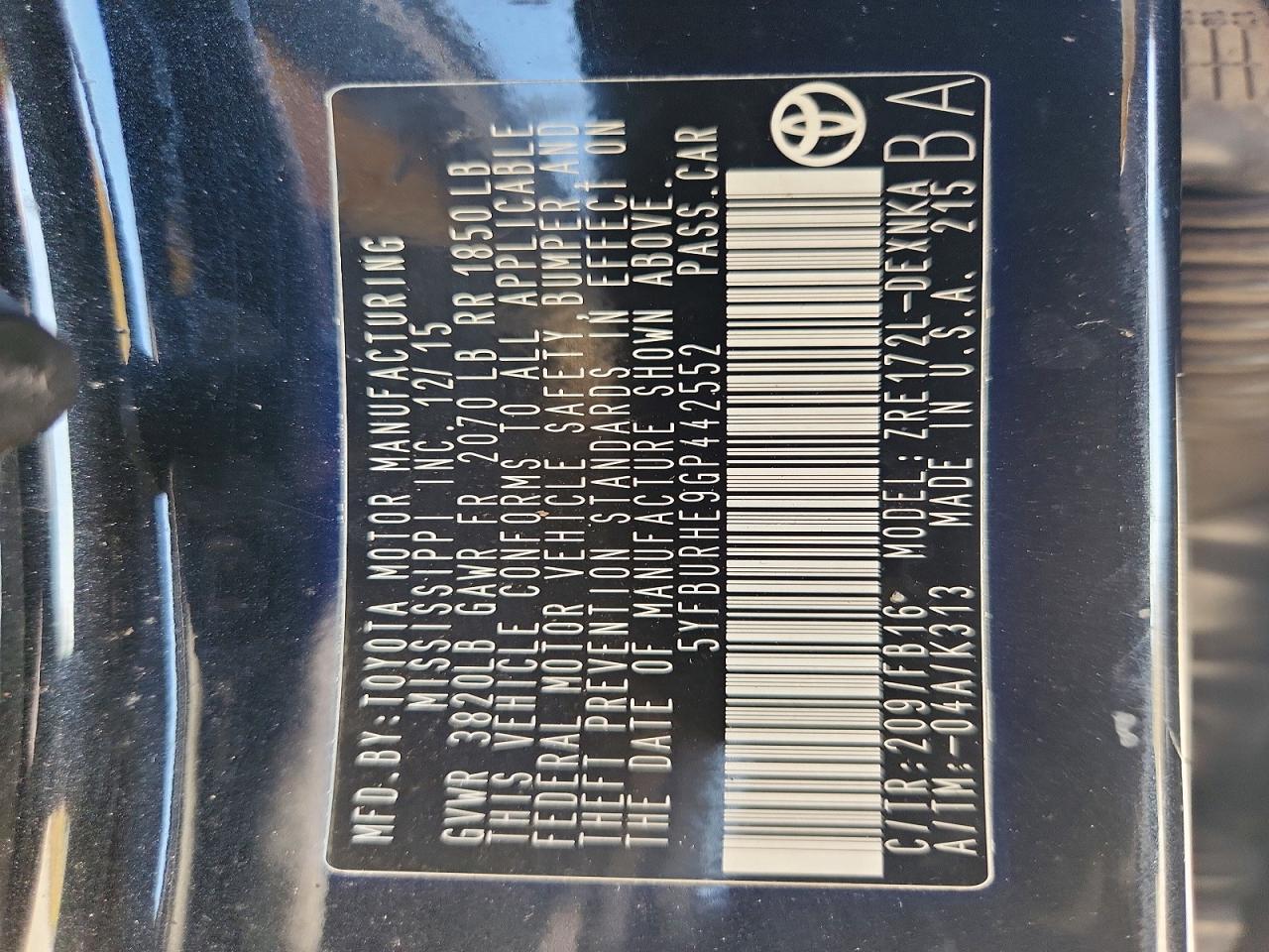 2016 TOYOTA COROLLA