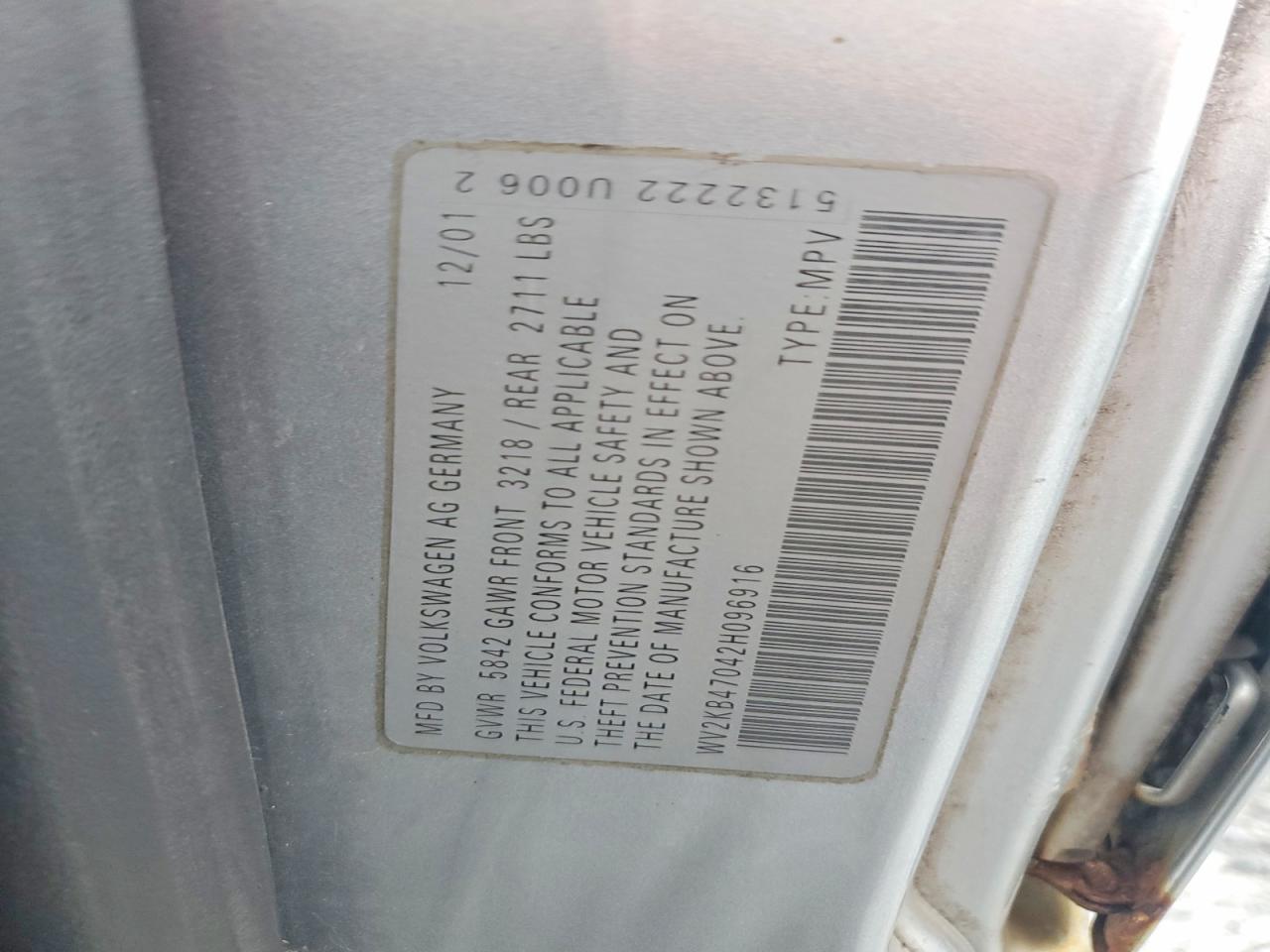 2002 VOLKSWAGEN EUROVAN