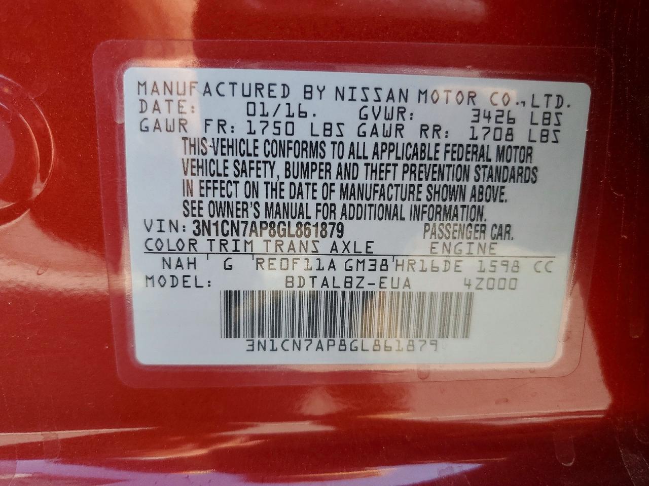2016 NISSAN VERSA 1.6