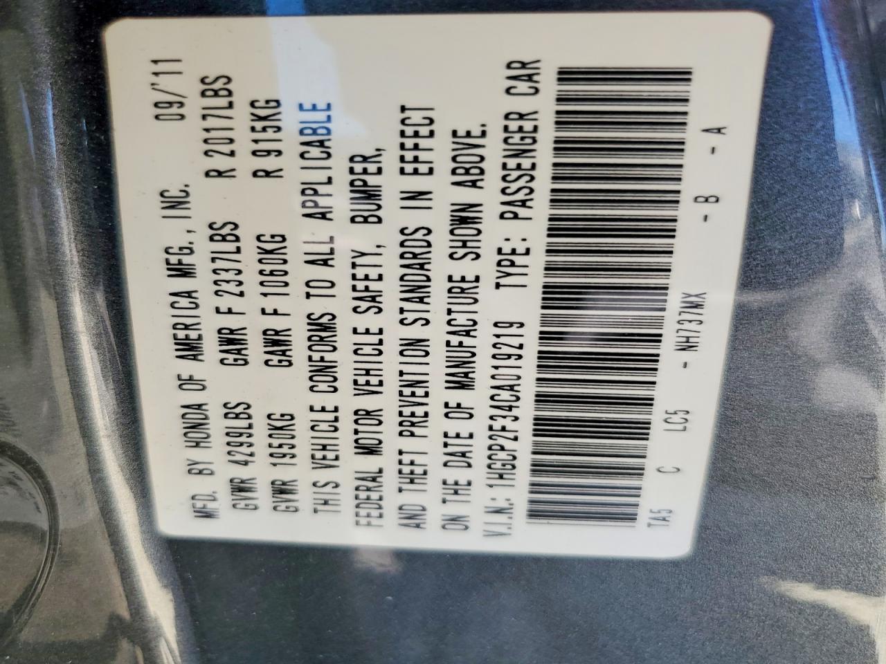 2012 HONDA ACCORD