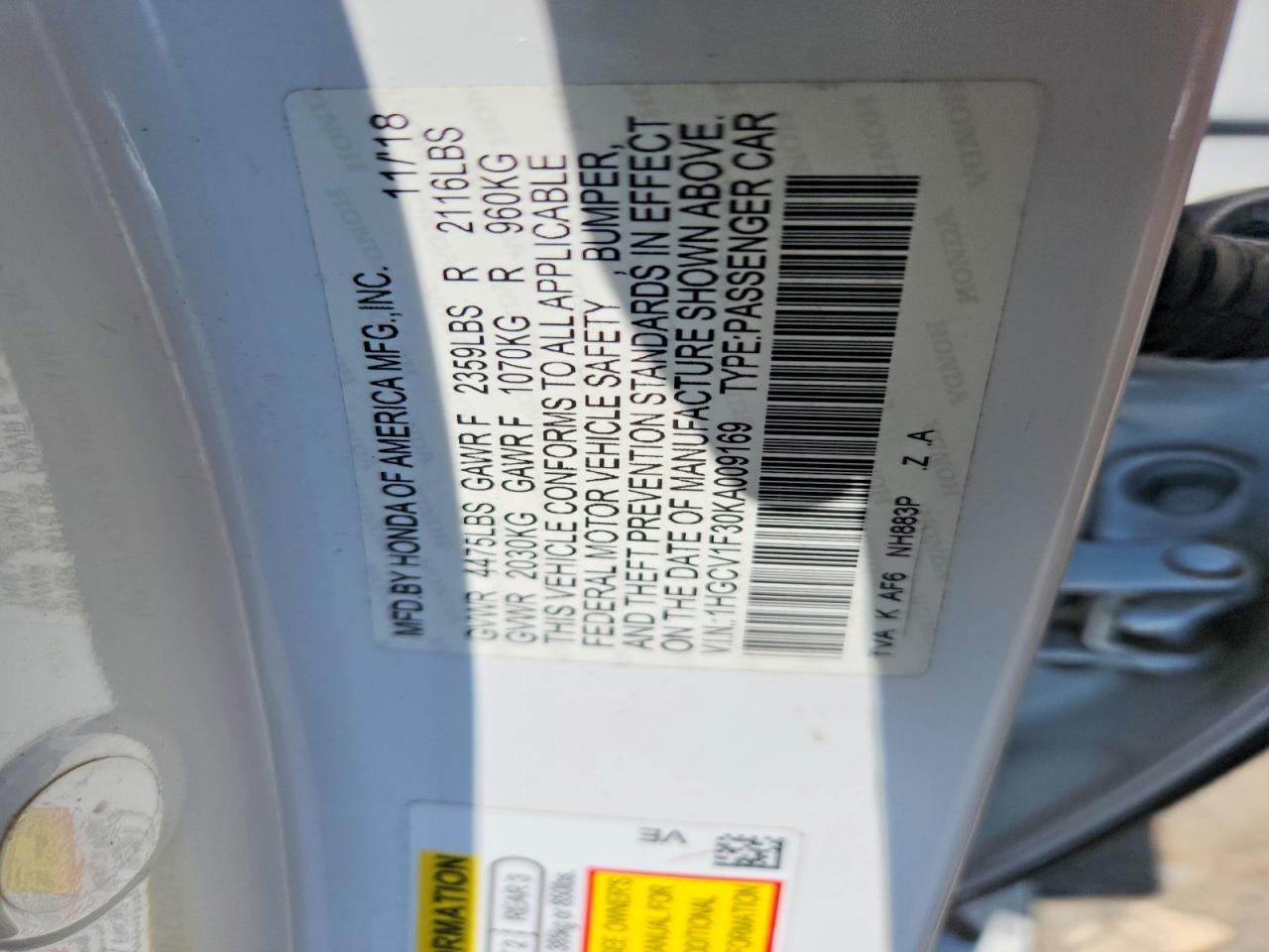 2019 HONDA ACCORD